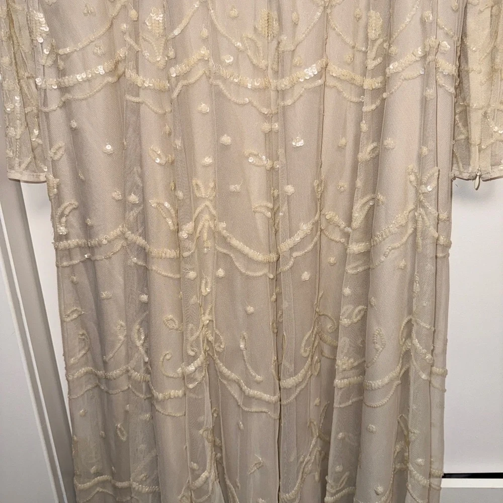 NWT | Mac Duggal Nude Sequined High Neck Long Sleeve Midi Dress Size 16 - Picture 6 of 13